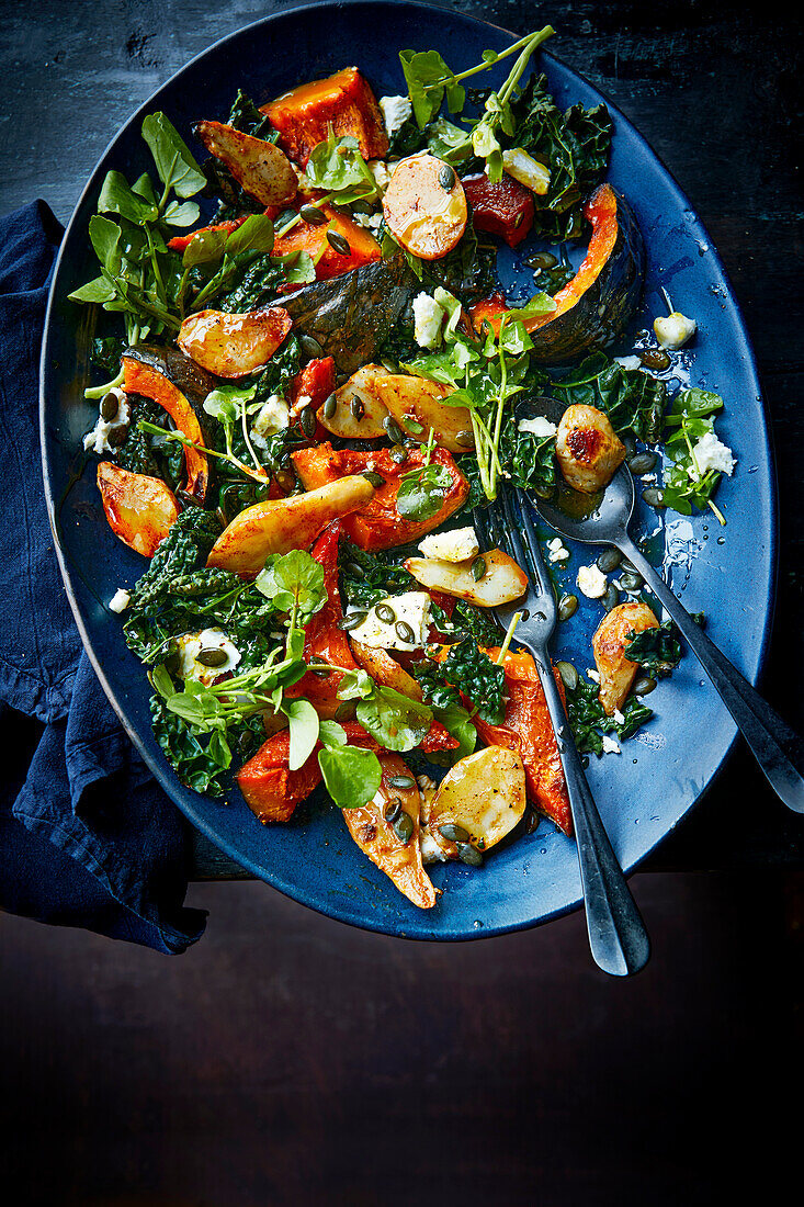 Jerusalem artichoke salad with smokes paprika, cavolo nero and goat's cheese