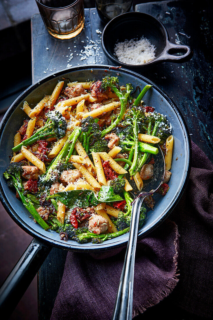 Purple sprouting broccoli with pasta and sausage