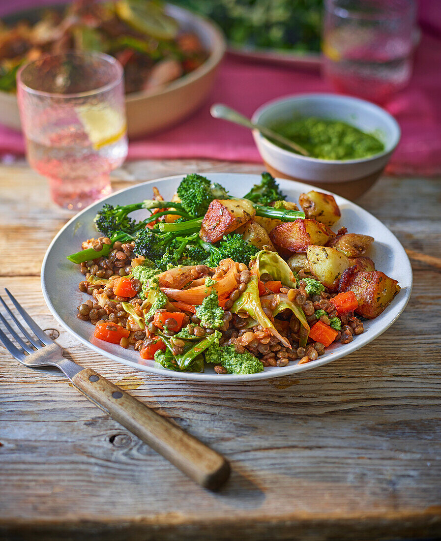 Lentils with spring greens and watercress walnut pesto