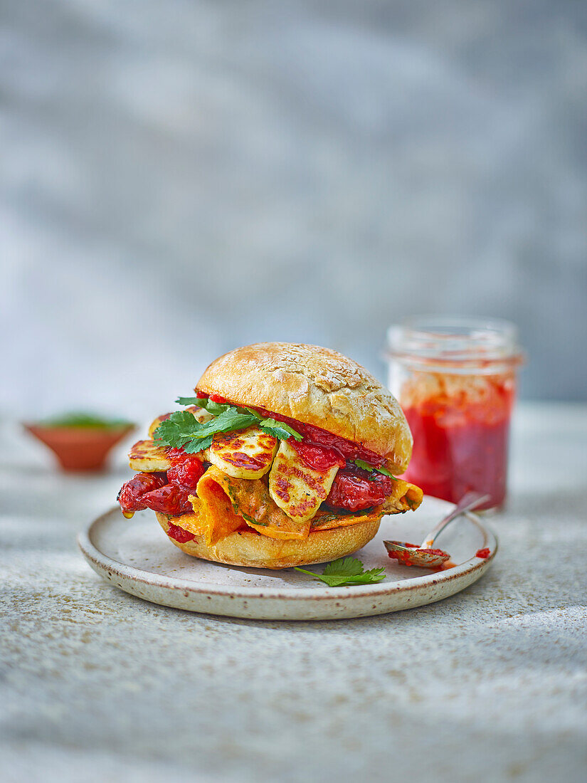 Breakfast Sandwich with omelette, merguez, and quick chili jam