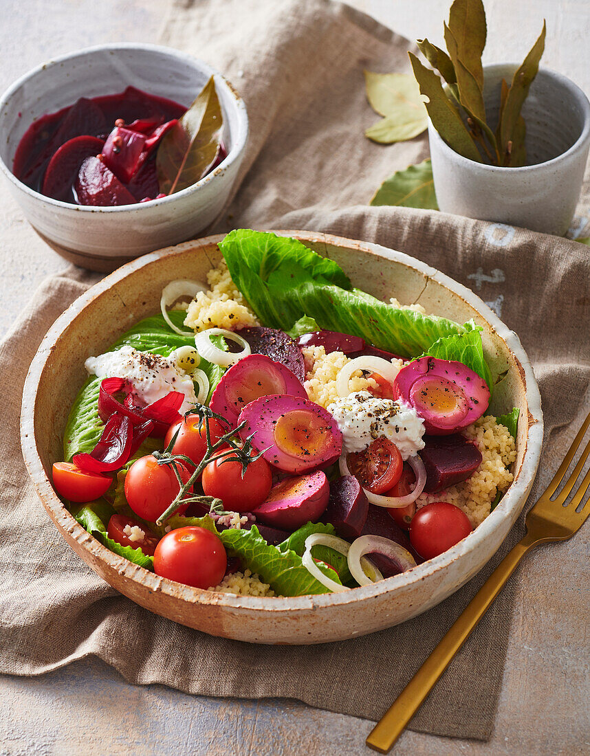 Couscous salad with beets and hard-boiled eggs