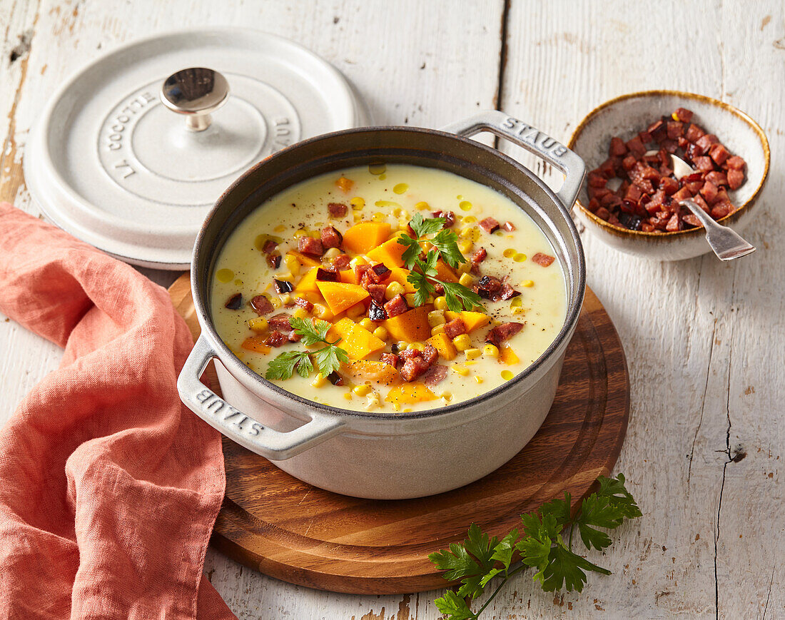 Creamy corn soup with sweet potato