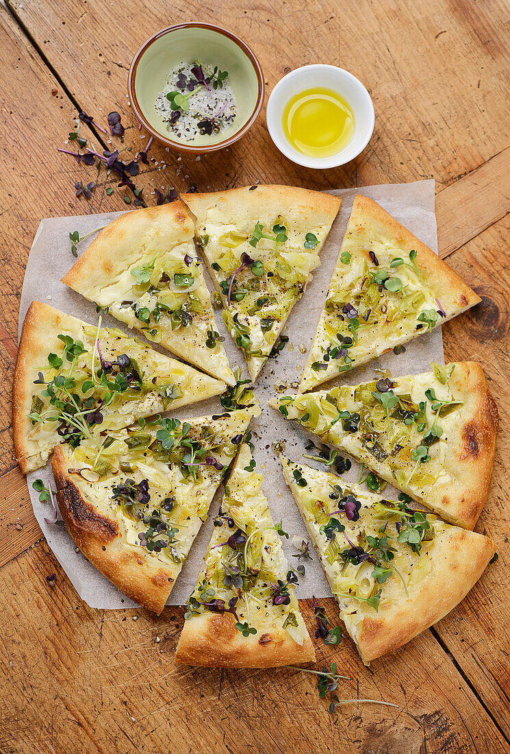 Spring pizza with sprouts