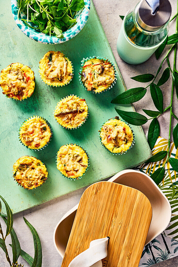 Cheesy egg and noodle muffins