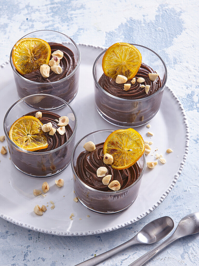 Chocolate mousse with orange and hazelnuts