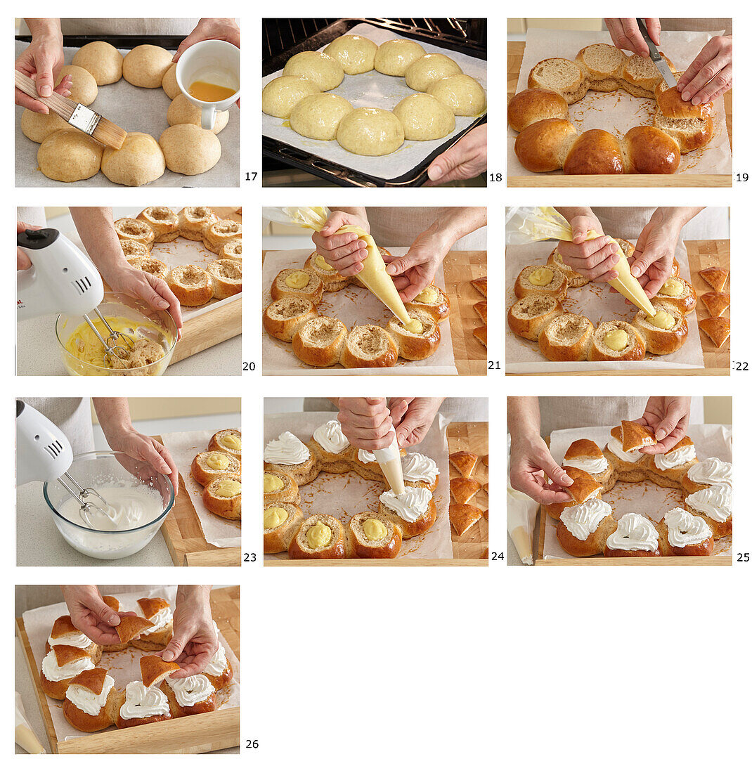 Making yeast roll wreath with whipped cream