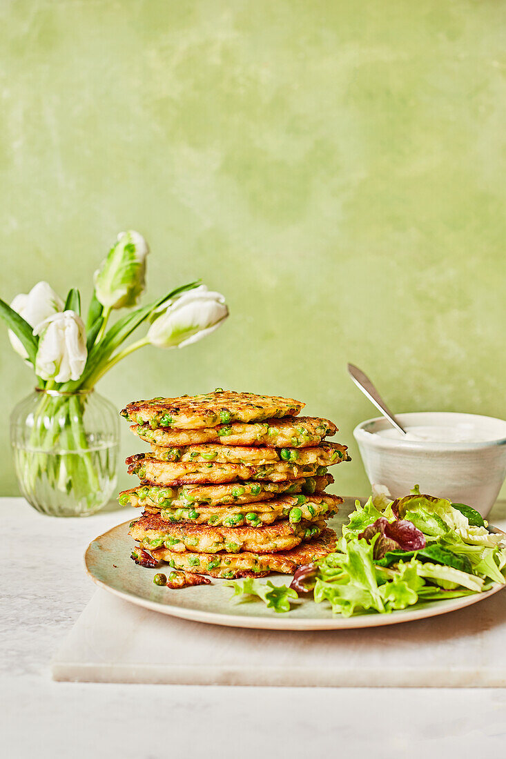Pea and halloumi fritters with lemon dip
