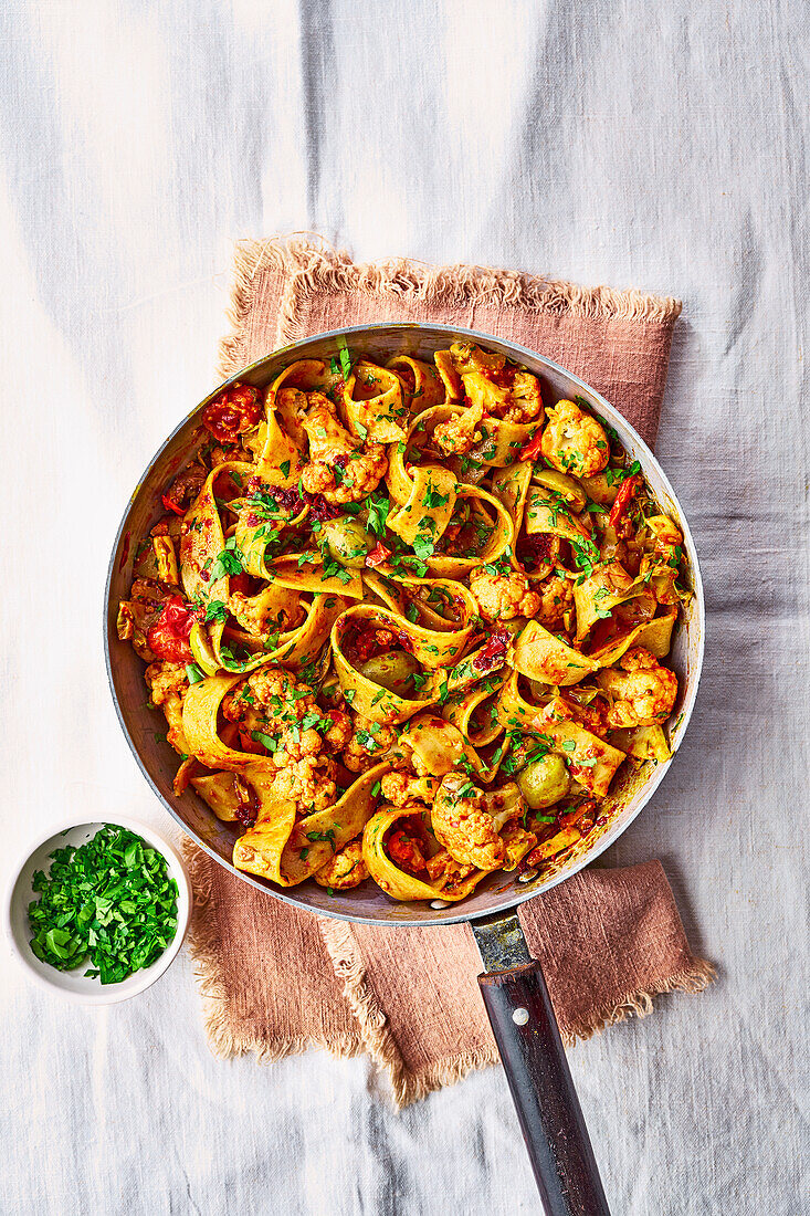 Olive, cauliflower and harissa pasta