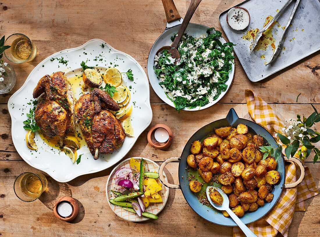 Masala chicken, roasted garlic tahini spinach, mustard potatoes