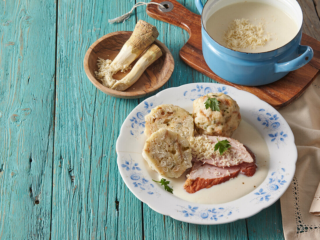 Smoked pork with horseradish sauce and dumplings