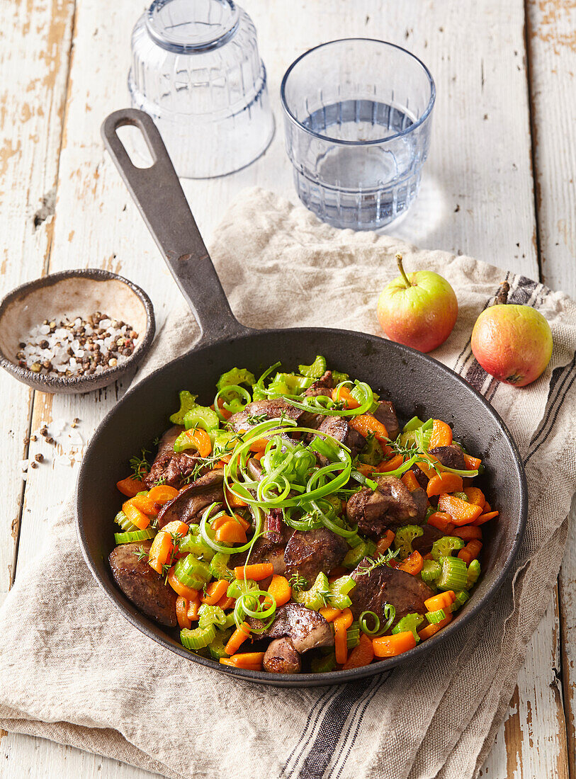 Sauteed chicken liver with carrot, celery and apple