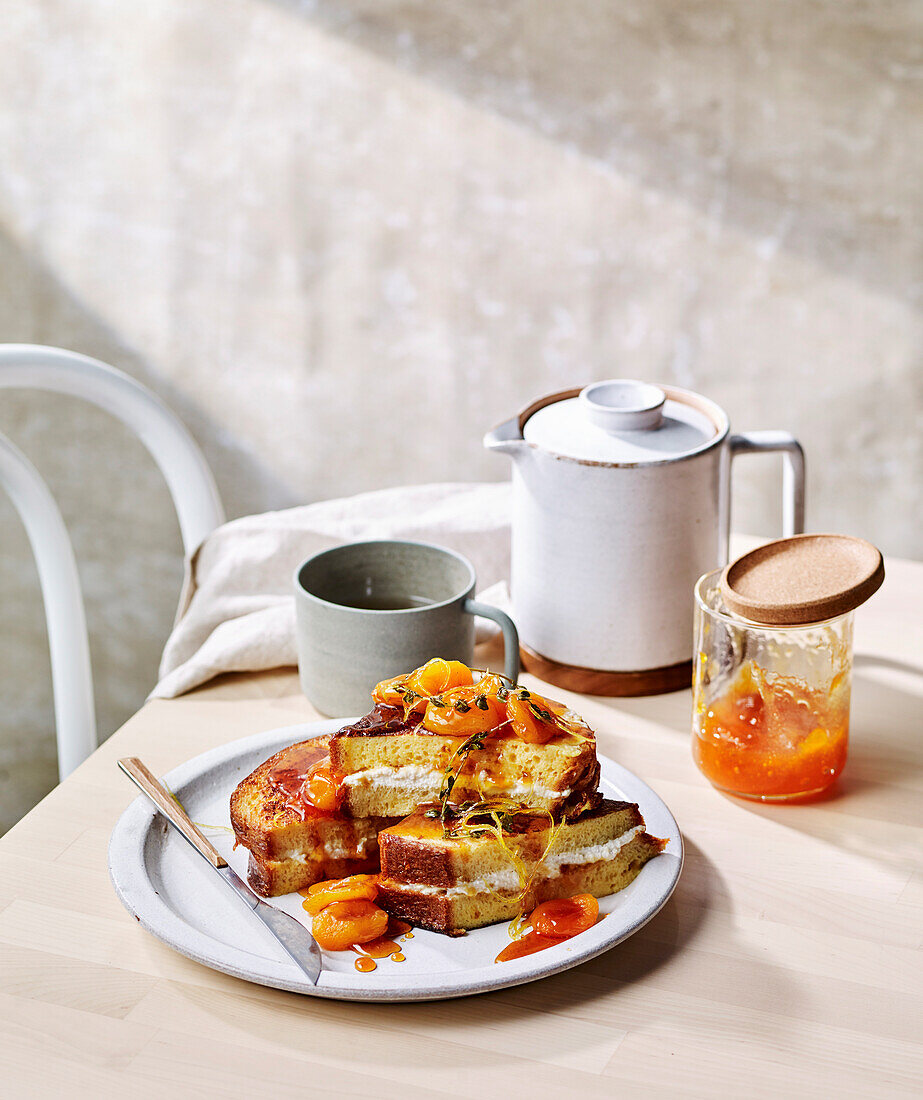 Brioche French toast sandwiches with verjuice apricots