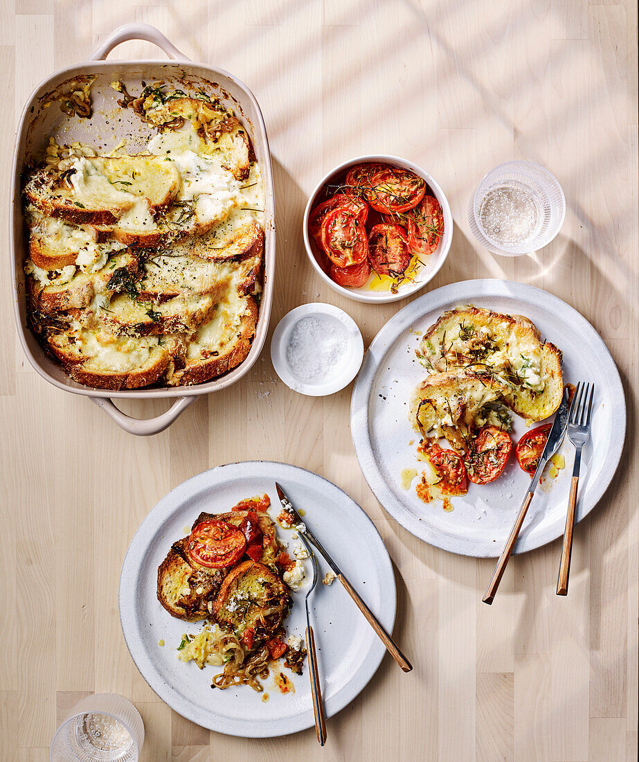 Cheesy brunch bread pudding with slow-roasted tomatoes