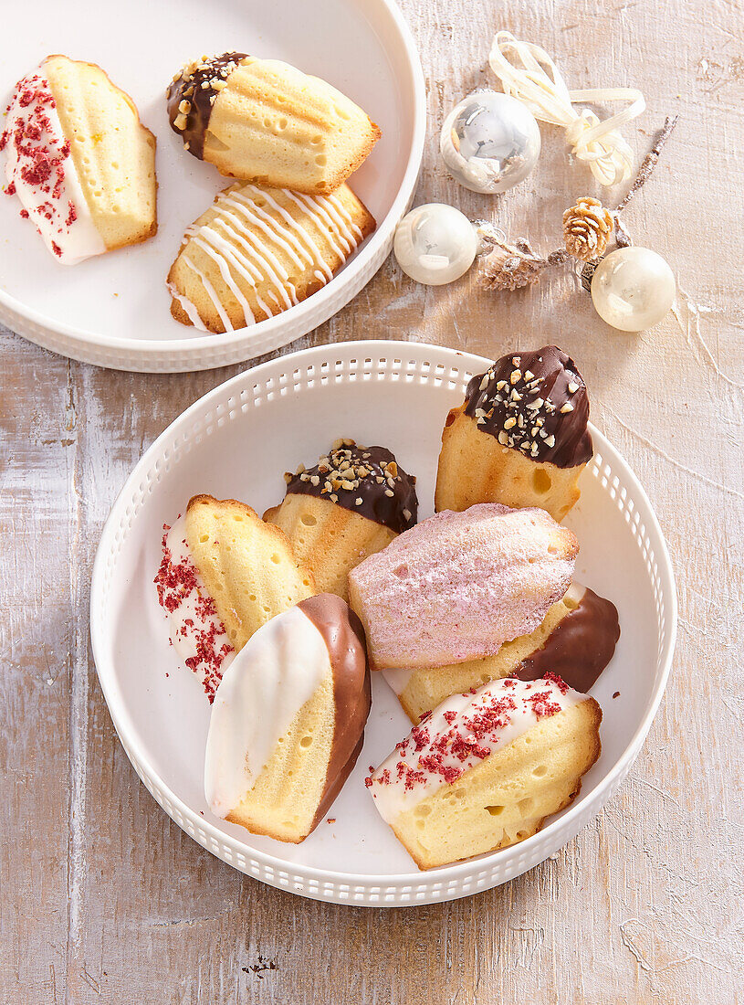 Madeleines decorated in various ways