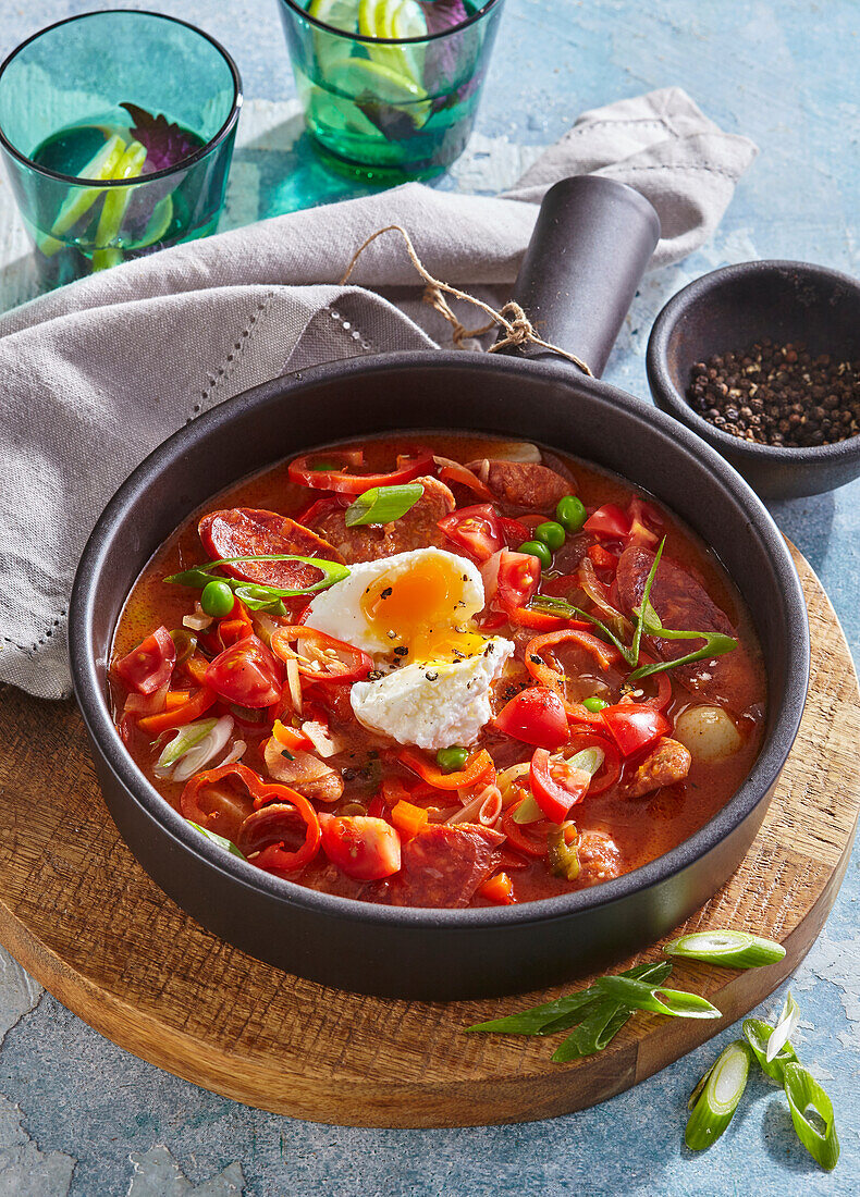 Spanish tomato soup with chorizo and waxy egg