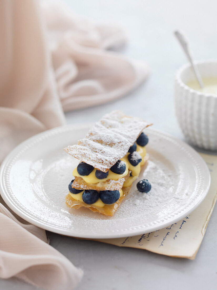 Lemon curd and blueberry mille feuille