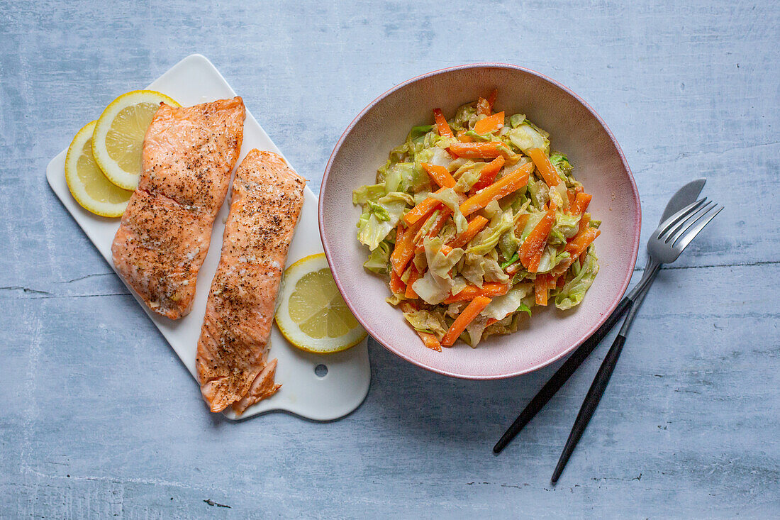 Salmon with wok cooked vegetables