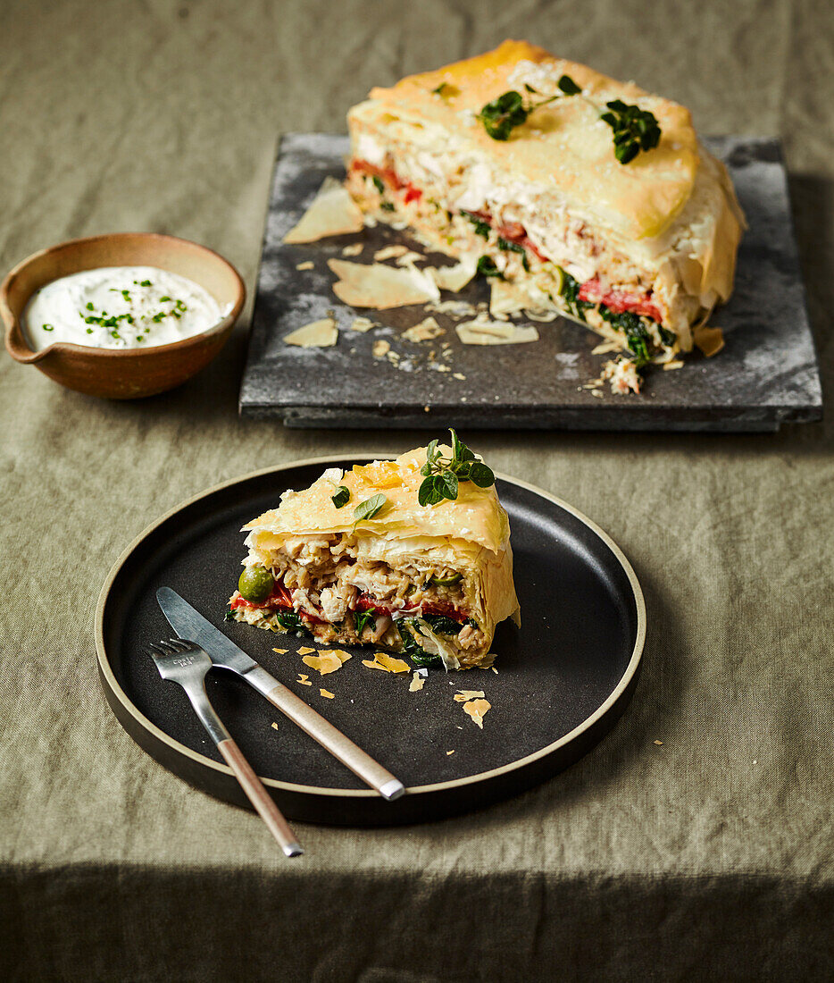 Smoky chicken, chorizo and olive fillo pie