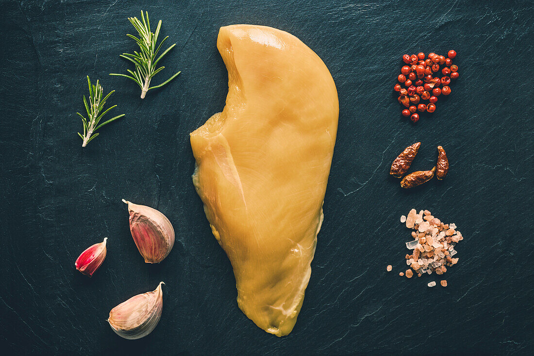 Raw chicken fillet with spices and herbs