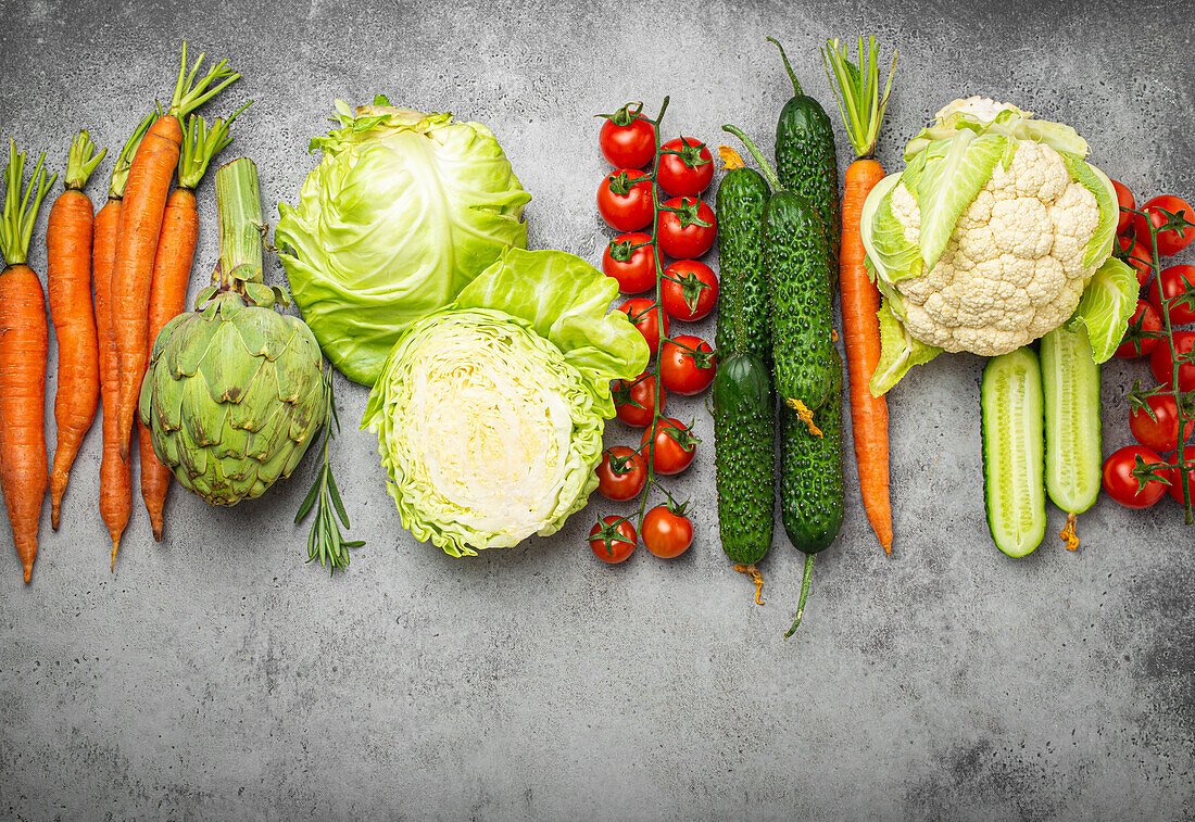 Fresh organic vegetables, lined up