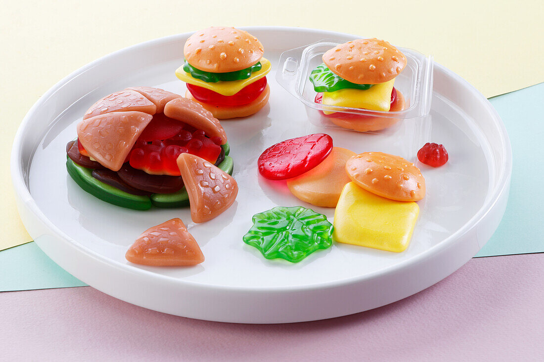 Colourful fruit jelly sweets in the shape of hamburgers