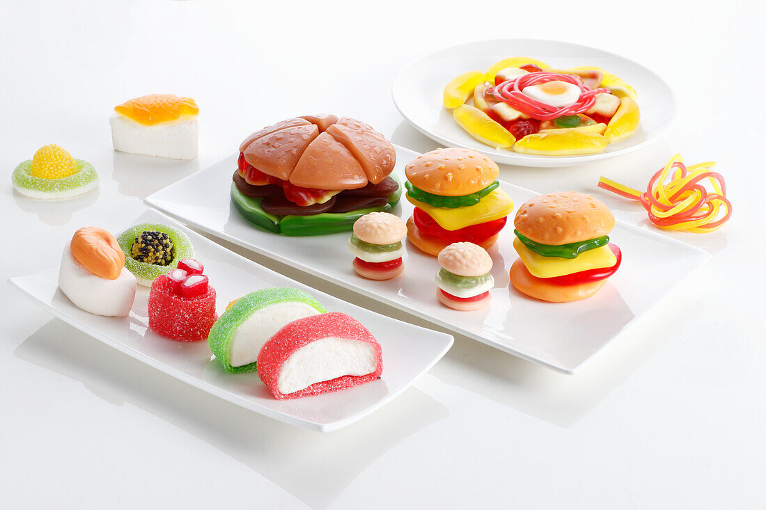 Colourful fruit jelly sweets in the shape of sushi and hamburgers