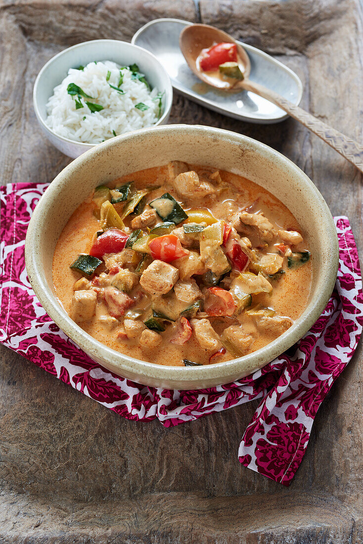 Red chicken curry with fragrant rice