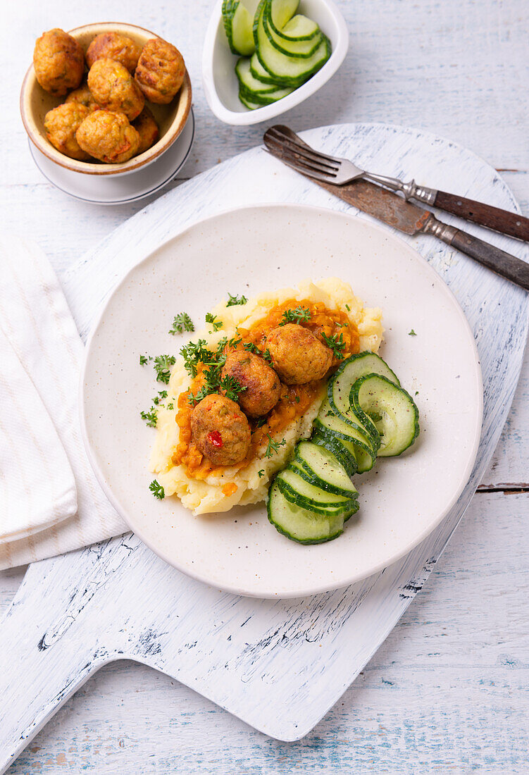 Vegan lentil ragout with mashed potatoes and vegetable meatballs