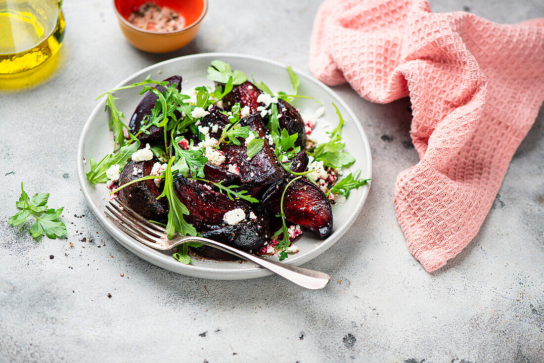 Roasted beets with arugula and feta cheese