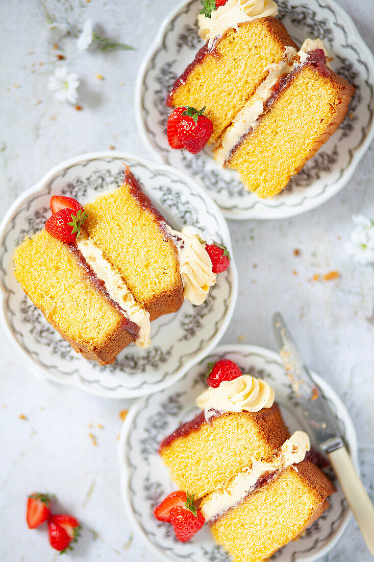 Custard flavoured sponge cake filled with jam and cream