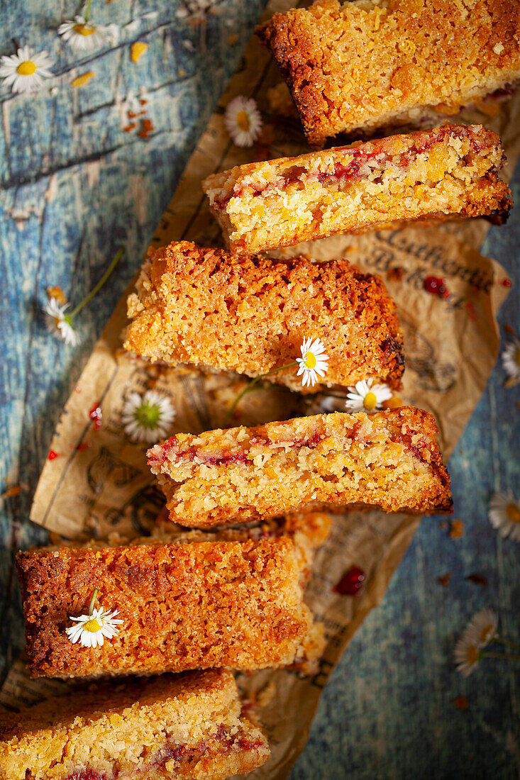 Cornflake and coconut bars with raspberry jam centre