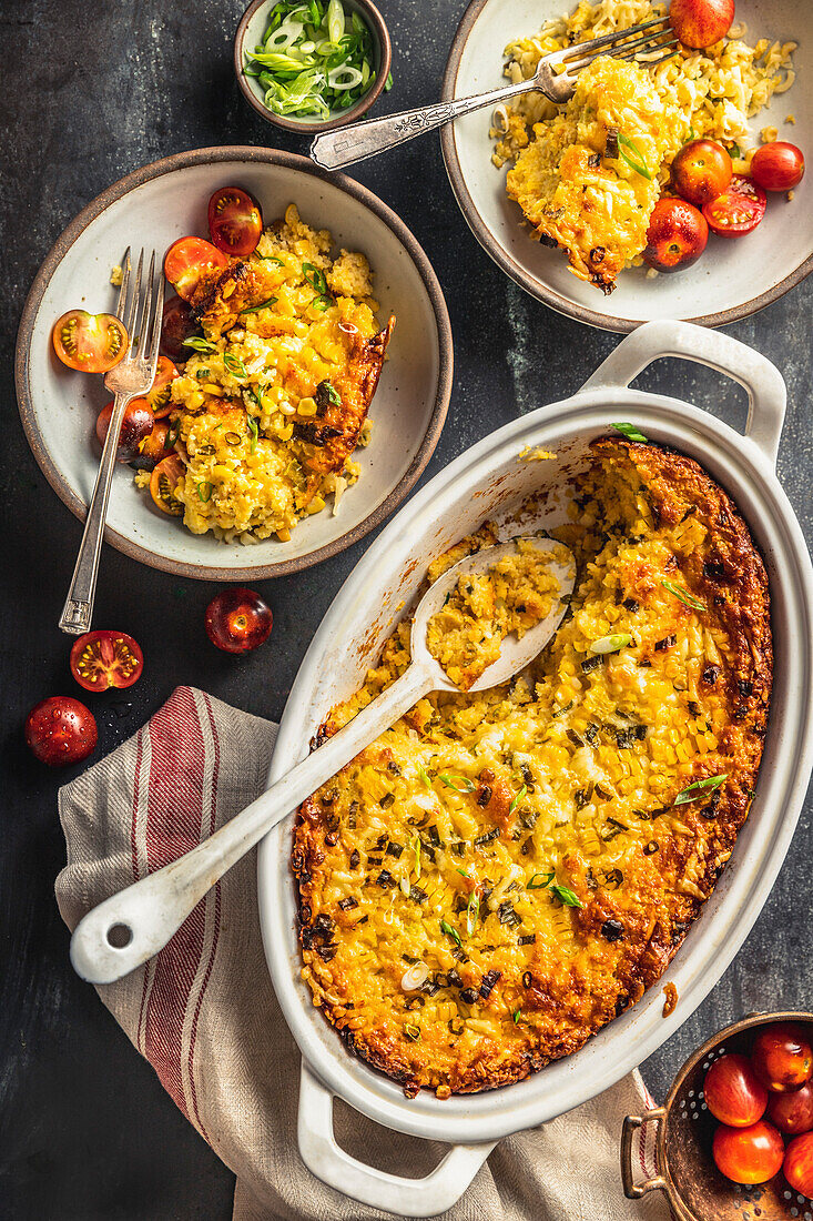 Cheddar corn pudding with cherry tomatoes