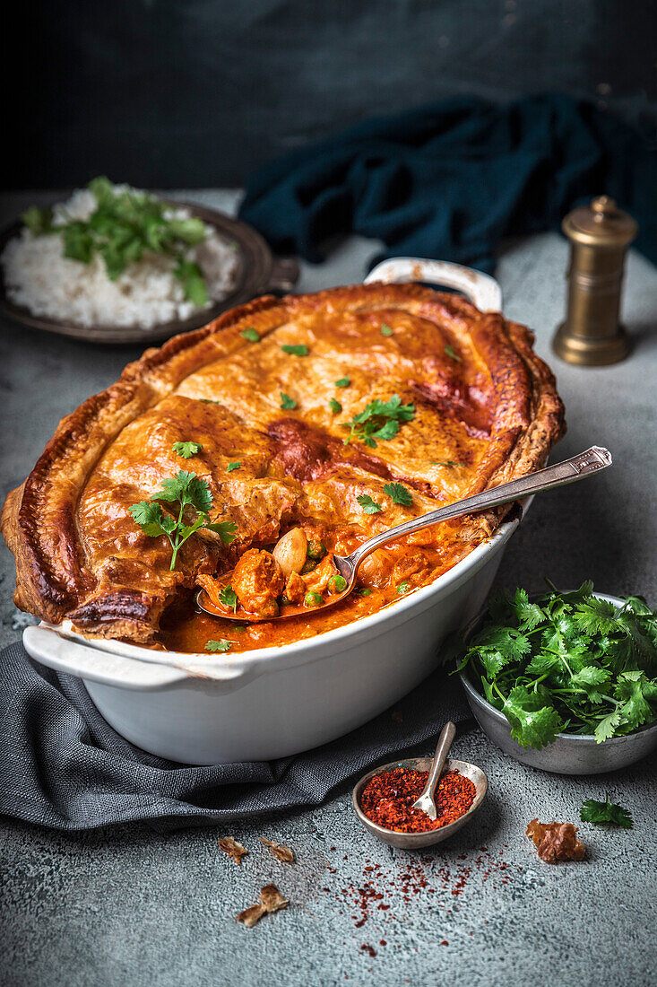 Chicken pot pie with dark pastry crust