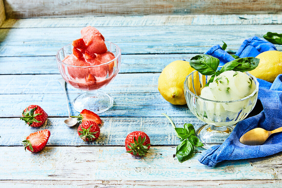 Strawberry granita and lemon granita