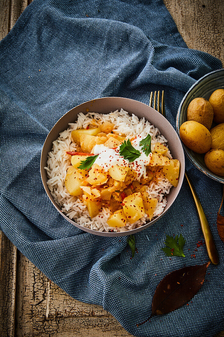 Kartoffelcurry auf Reis