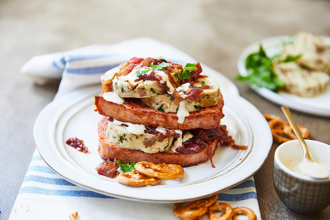 Meatloaf burger with pretzel dumplings