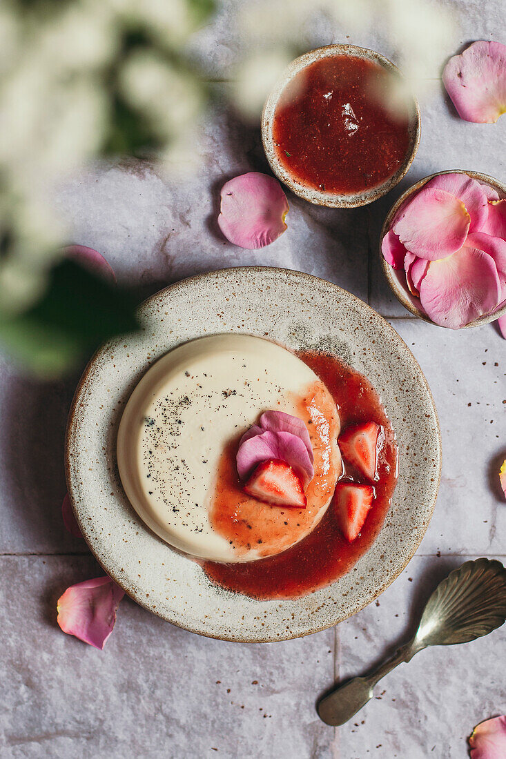 Rose panna cotta with strawberry-rhubarb compote