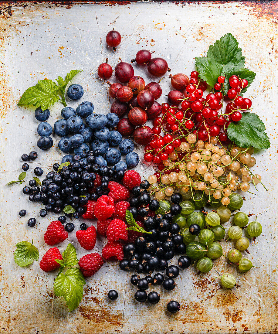 Fresh berries with leaves on a textured metal background