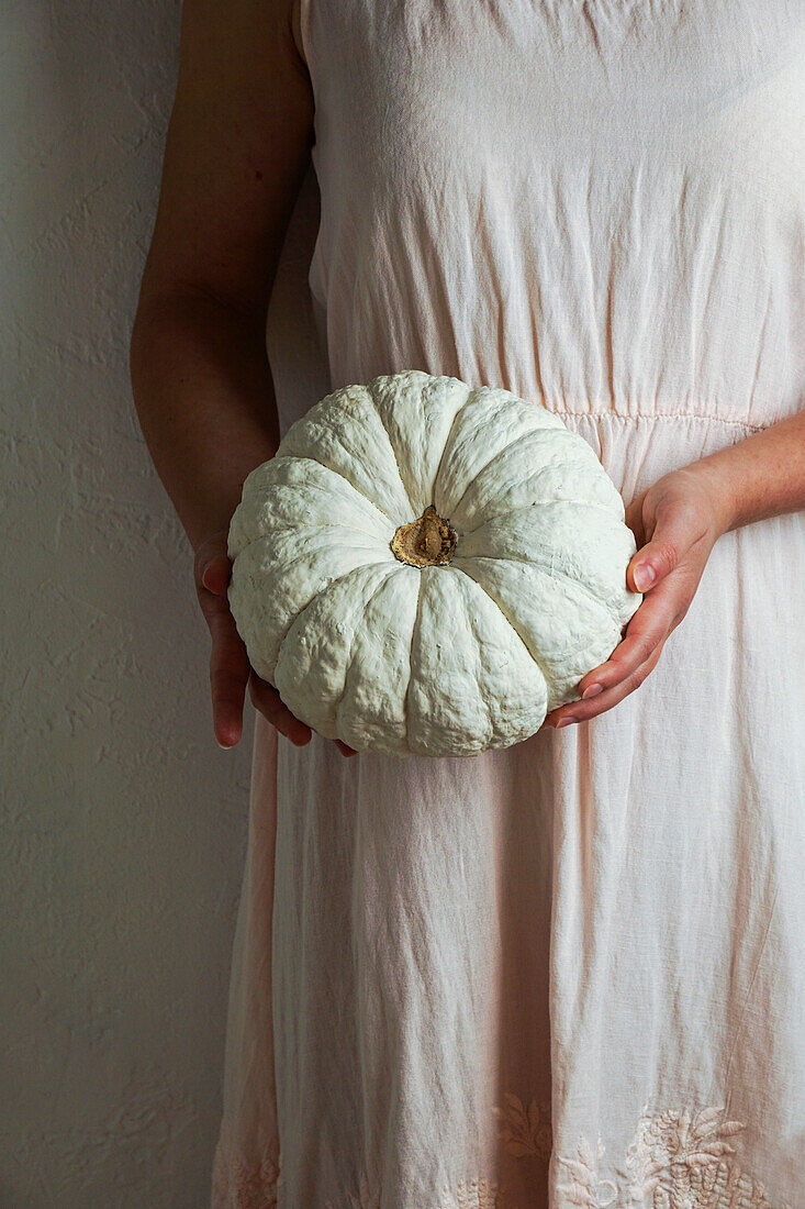 Hands holding white pumpkin