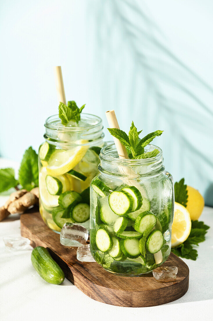Summer detox and refreshing drinks with cucumber, lemon, mint and ginger