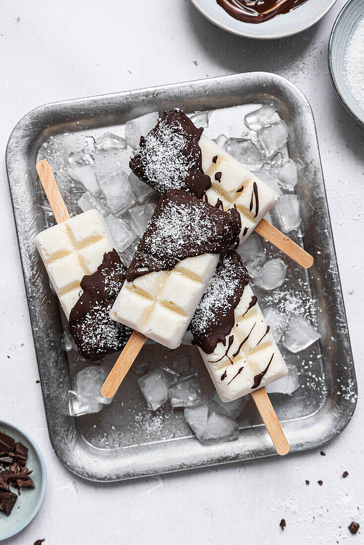 Homemade vegan chocolate coconut ice cream pops