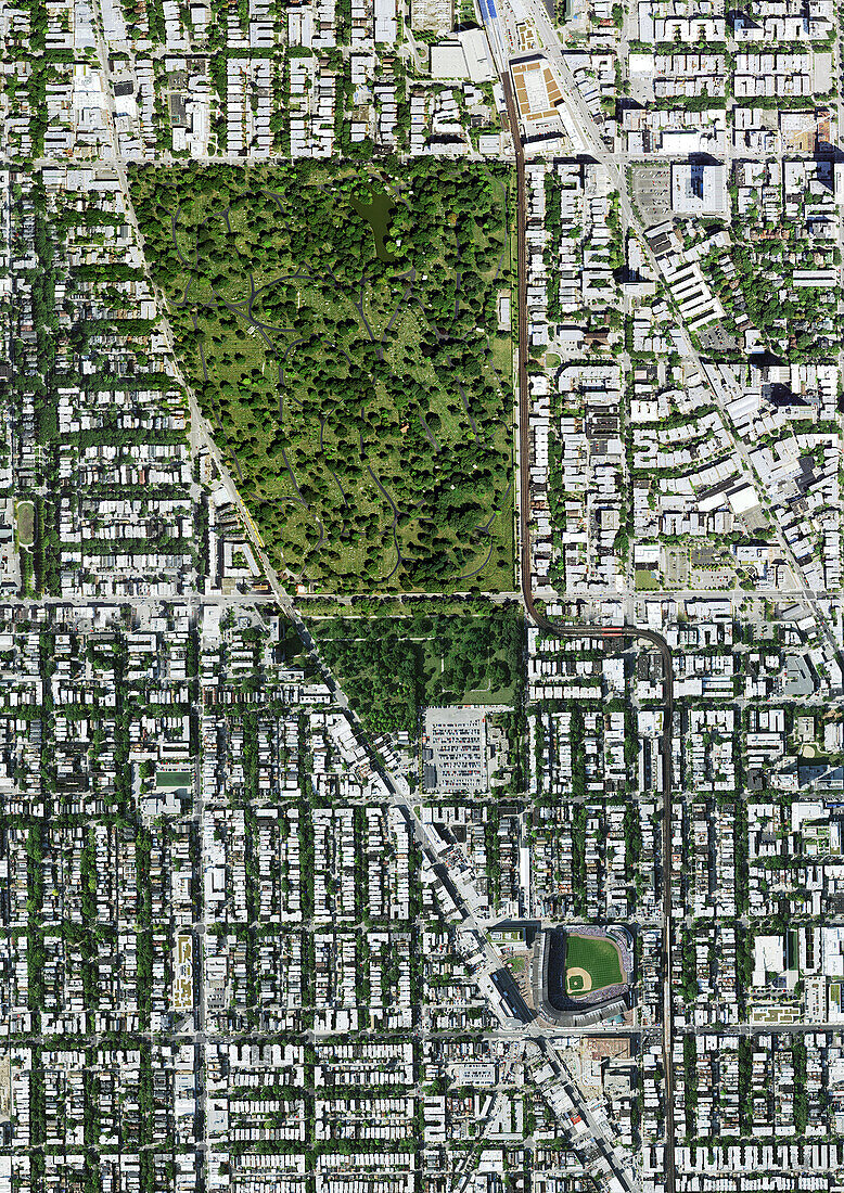 Wrigley Field and Graceland Cemetery, USA, satellite image