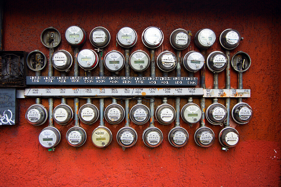 Electricity meters on street in Mexico