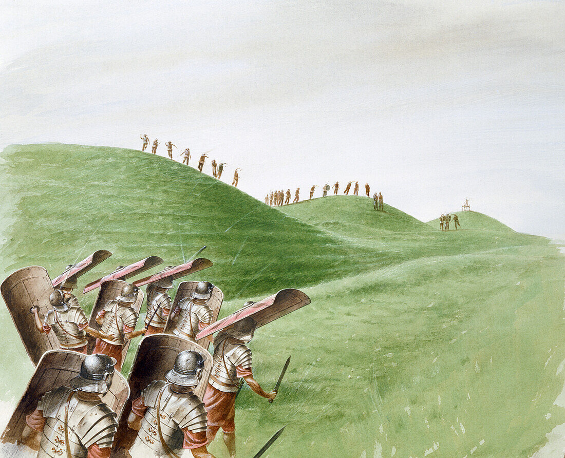 Roman soldiers in battle with Celtic tribes, illustration
