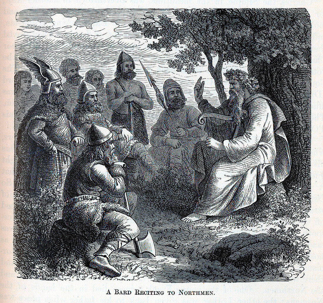 Bard reciting to Northmen, illustration