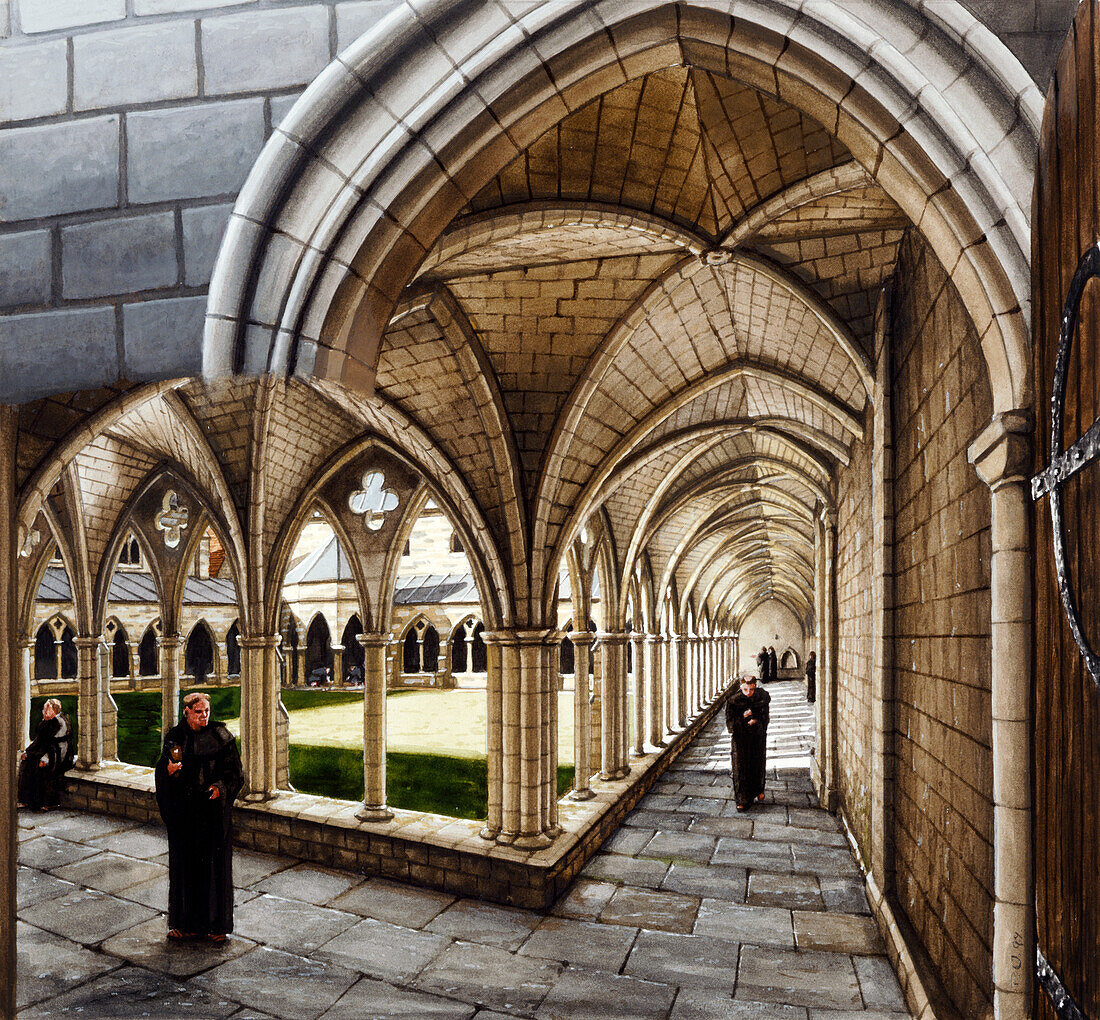 Cloister at St Augustine's Abbey, c13th century, illustration