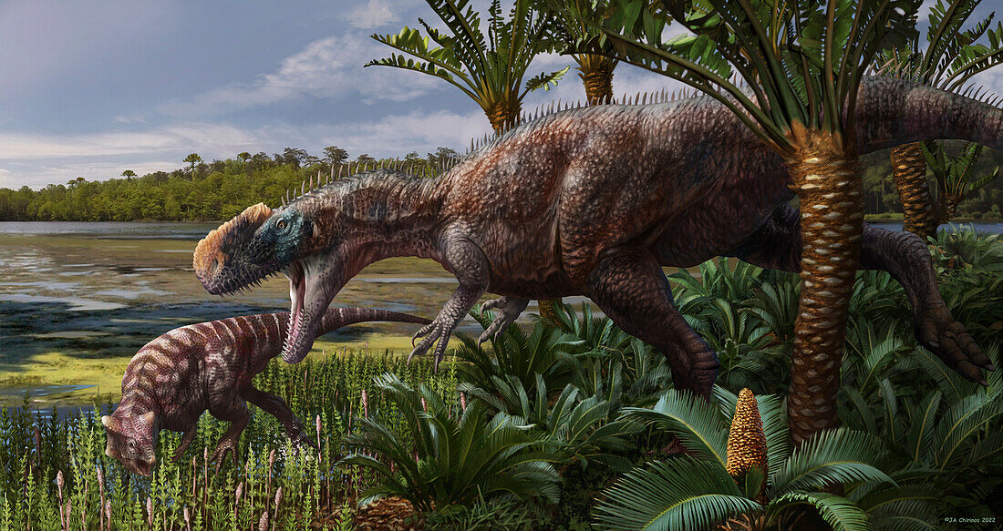 Monolophosaurus dinosaur and prey, illustration