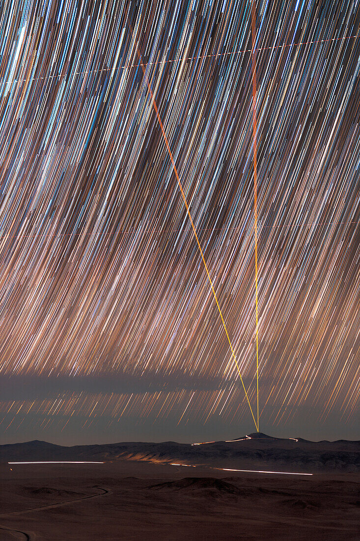Laser guide star and star trails, VLT, Chile