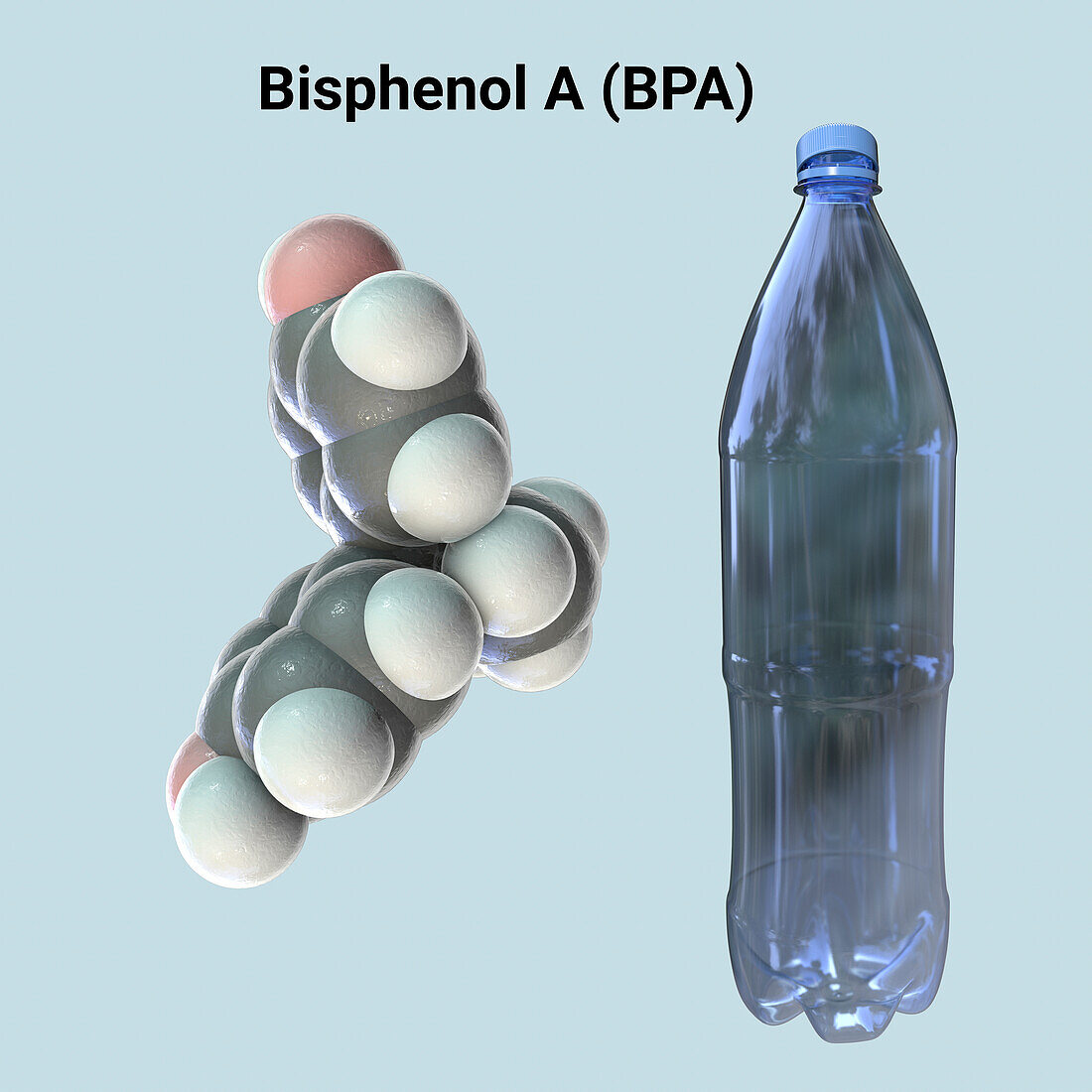 Bisphenol A molecule and plastic bottle, illustration