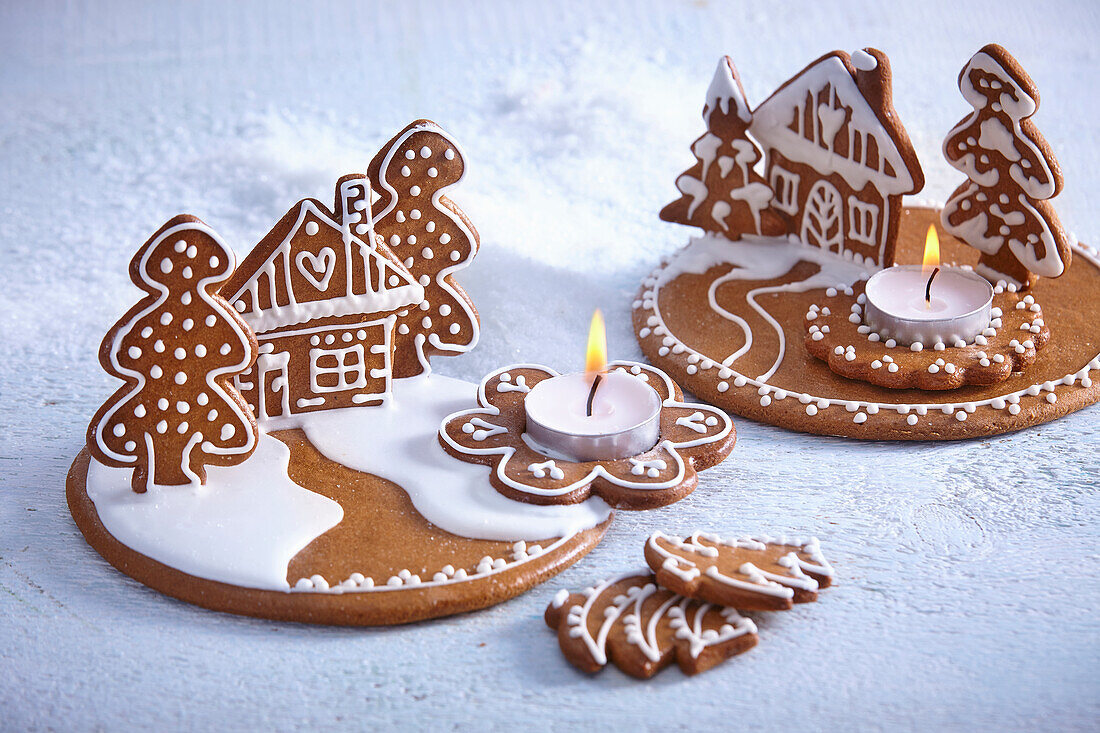 Baked Christmas candle holders made of gingerbread dough